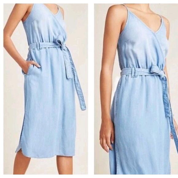 Anthropologie Cloth & Stone Women's Chambray Tank Dress Sz PM Belt Tie Midi Slit - Picture 7 of 8